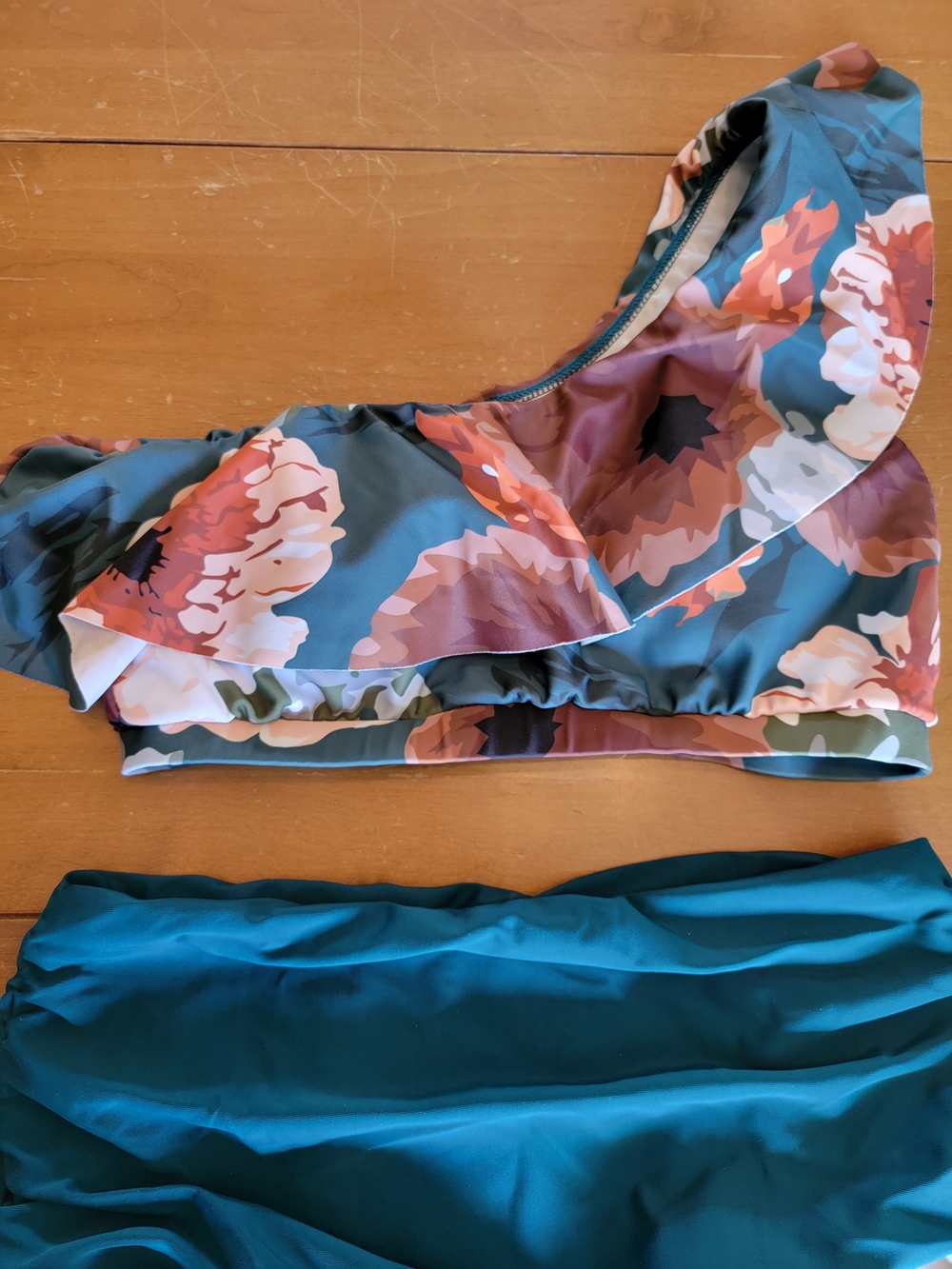 Women's Floral Print One Shoulder Two Pieces Bikini Swimsuit Ruffled High Waist - Picture 6 of 10